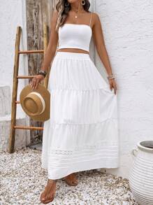EMERY ROSE Saia A-Line Feminina de Verão com Babado de Renda Contrastante na Barra - Branco - Visão 1
