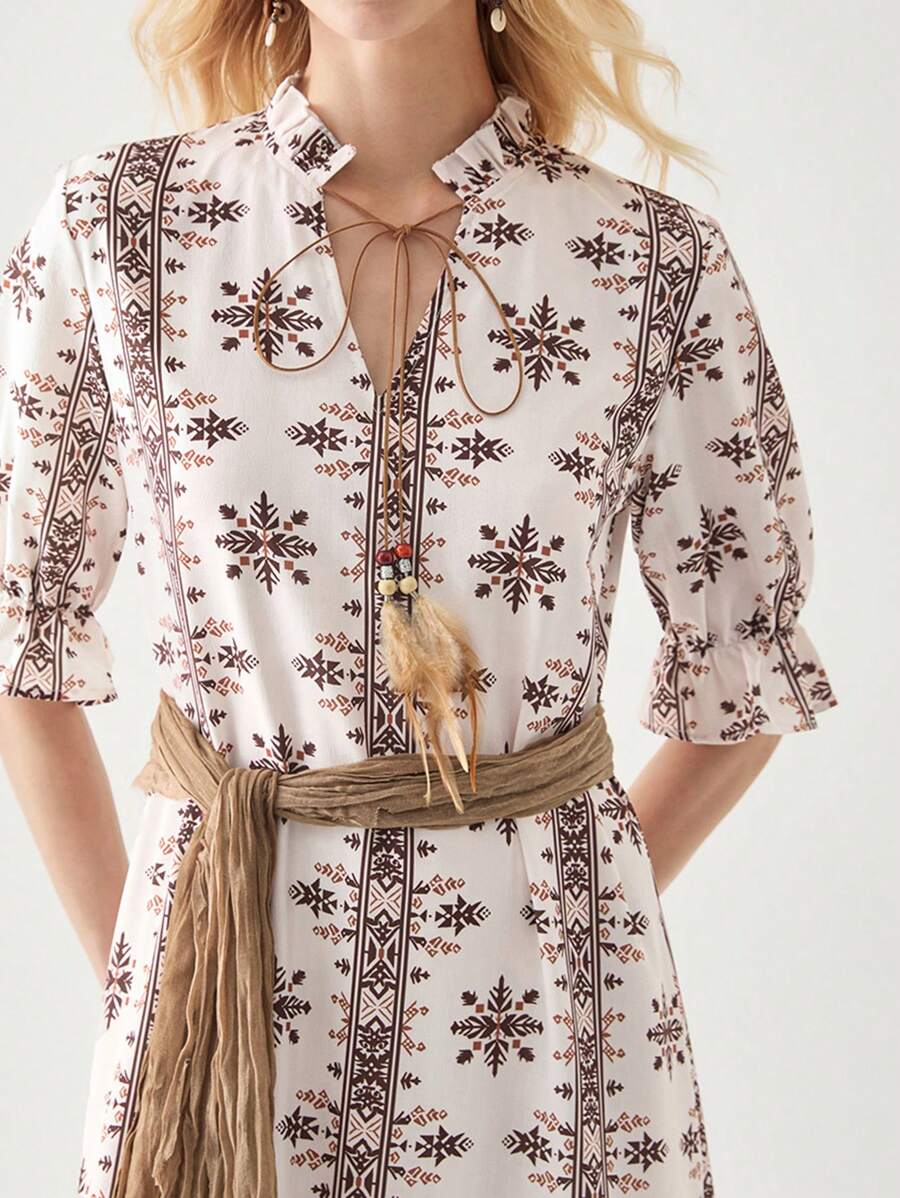 Florisole Vestido largo de manga abullonada con cuello en V y estampado, estilo de vacaciones - Albaricoque - Ver 1
