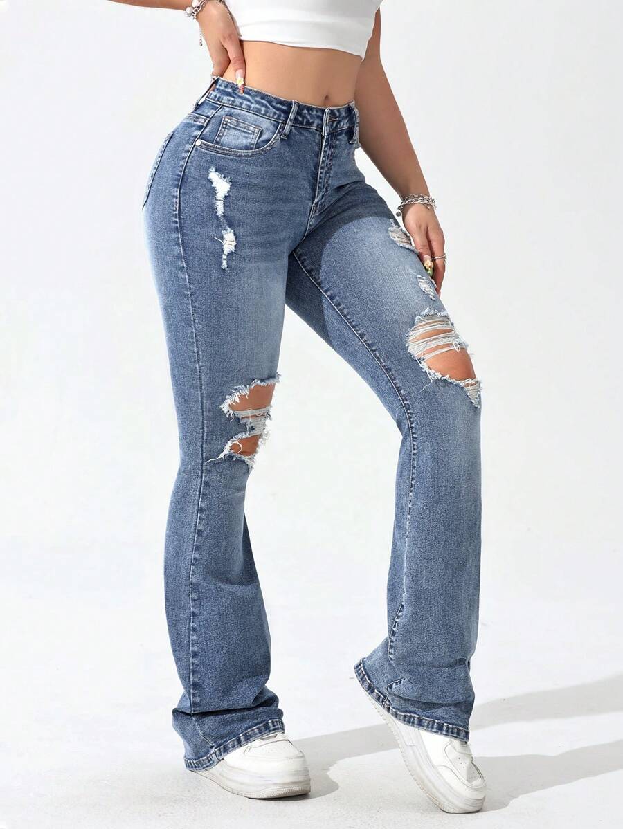 Flexra Quần Jeans Ống Loe Nữ, Thời Trang Cho Mùa Hè - Rửa trung bình - Xem 1