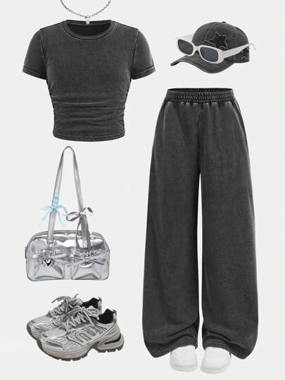 SHEIN Tween Girls Fitted Short Sleeve Crew Neck T-Shirt And Relaxed Wide Leg Knit Pants Set