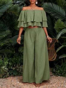 SHEIN Lady Bộ 2 áo trễ vai và quần dài cho nữ, màu trơn, thời trang, thích hợp cho mùa hè - Màu xanh Bạc hà - Xem 4