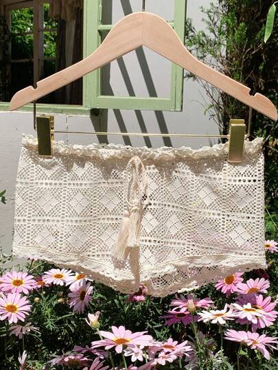 Comfortcana Shorts casuales de talla grande con parches de encaje y cintura con lazo, para primavera/verano