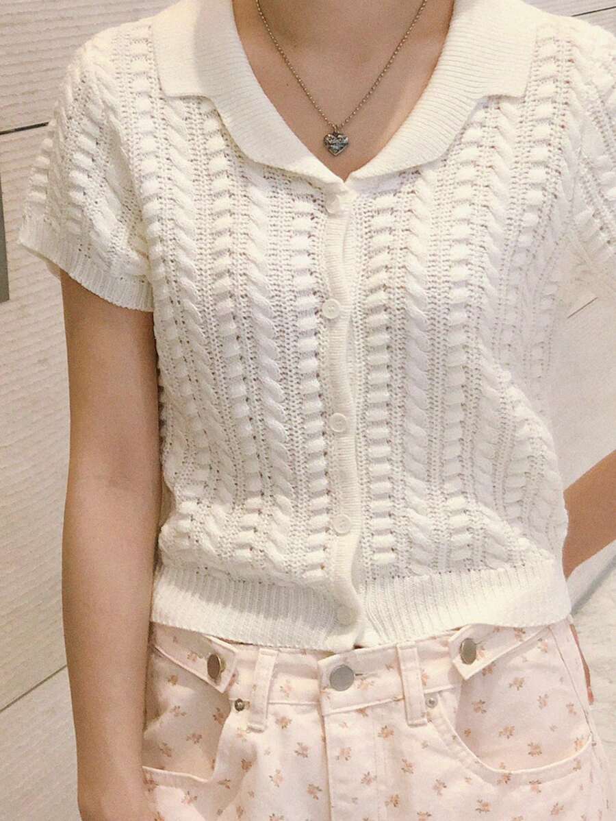 DAZY 女款白色短款麻花针织 Polo 领短袖毛衣 - 白色 - 查看 1