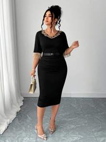 Elenzga Vestido fluido negro para mujeres de talla grande, cuello en V con encaje floral dorado y mangas con flecos, apto para fiestas, banquetes, citas, bodas, primavera/verano - Negro - Ver 3