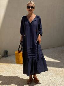 Livesso Vestido largo de lino de color liso casual de vacaciones para mujer - Neblina azul - Ver 7