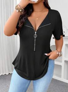 Calvaya Zip V-Neck Solid Color Short Sleeve Bodycon Plus Size T-Shirt, Going Out Tops For Women In Summer BASICS - Black - View 1
