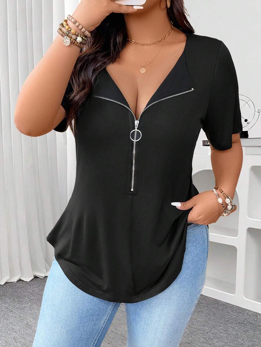 Calvaya Zip V-Neck Solid Color Short Sleeve Bodycon Plus Size T-Shirt, Going Out Tops For Women In Summer BASICS - Black - View 1