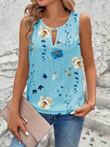 EMERY ROSE Women's Spring Summer Holiday Casual Embroidery Jacquard Jacquard Drop Keyhole Neck Camisole - Blue - View 5