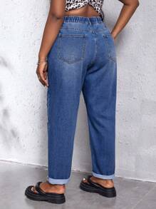 SHEIN SXY Plus Size Minimalist Solid Color Distressed High Waist Jeans, Suitable For Everyday Wear