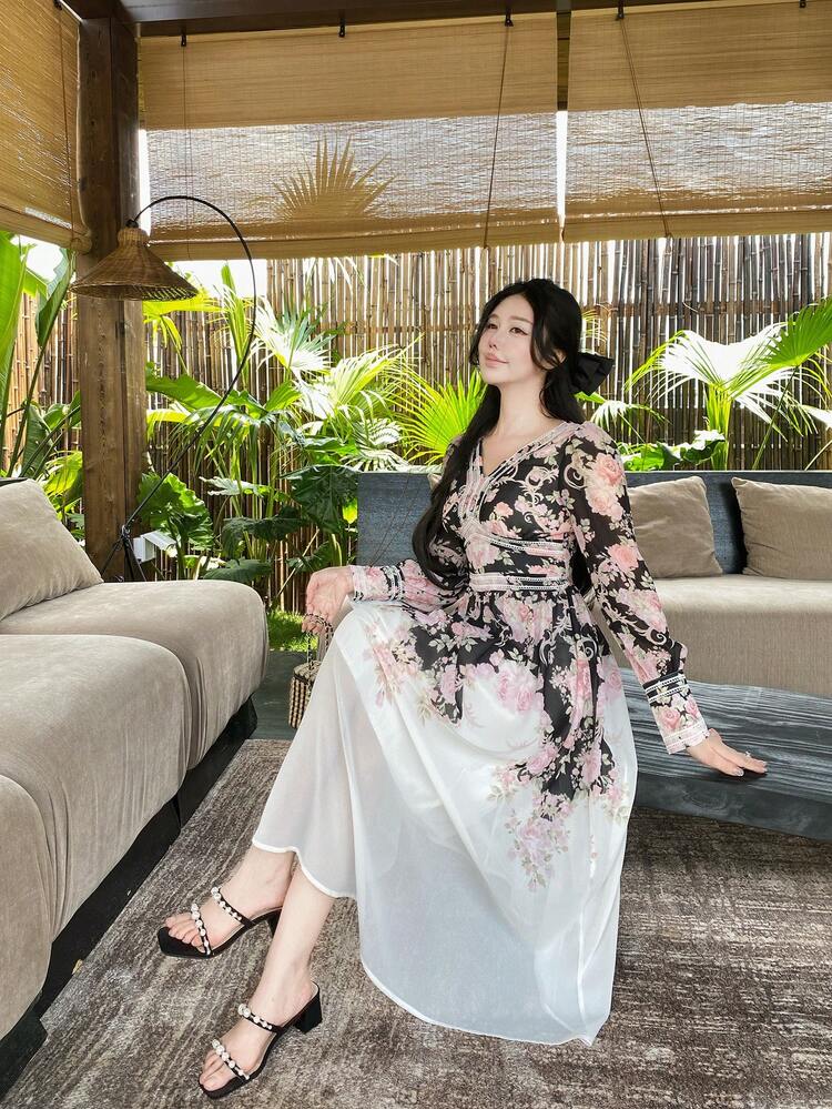 Women V-Neck Ombre Floral Print Long Sleeve Mid-Length Dress,Fall Dress Boho