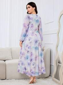 Modelyn Plus Size Women Tie-Dye V-Neck Lantern Sleeve Elegant Midi Dress - Multicolor - View 2