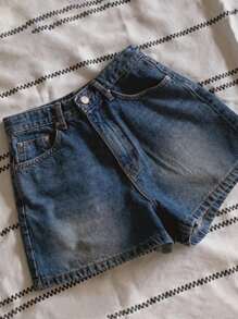 DAZY 做旧深色水洗迷你直筒牛仔短裤，春夏 - 深色水洗藍 - 查看 3