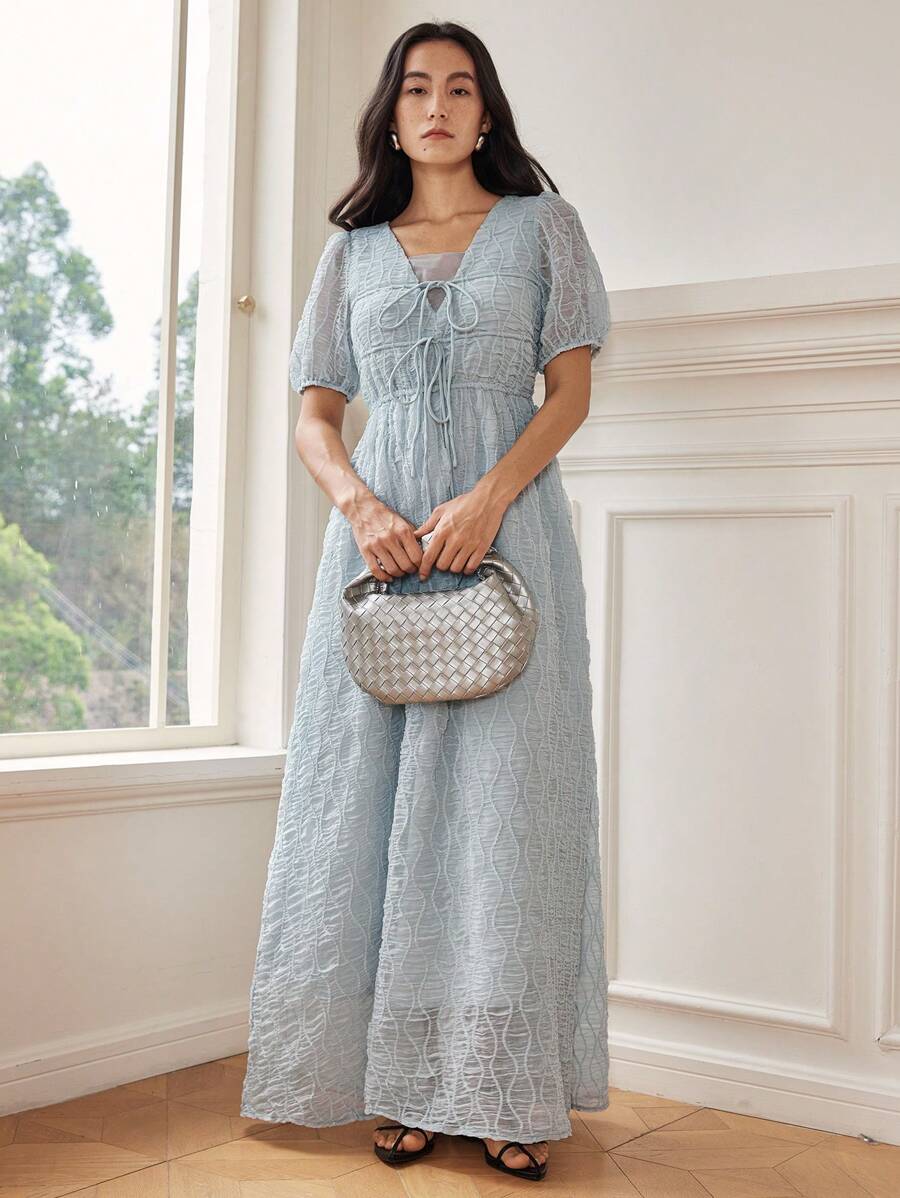 Dazy-Less Đầm voan dài kẻ caro cổ chữ V phối lưới thắt nơ eo thắt đai cho nữ ngày lễ thanh lịch, đầm dự tiệc cưới công sở thường ngày cho nữ - Màu xanh nhạt - Xem 1