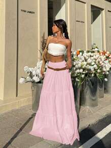 MainGRL Casual Pink Pleated Waist Ruffle Hem Women Summer Skirt - Pink - View 6