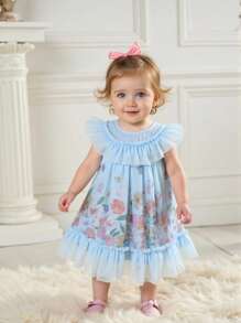 SHEIN Vestido azul dulce de fantasía para niñas con intrincado ribete de volantes, falda con estampado floral en floración, estilo de princesa de cuento de hadas para fiestas, actuaciones y diversas ocasiones - Azul - Ver 5