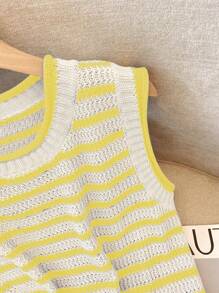 Franclia Áo len dệt kim sọc tương phản cổ điển mới, áo len chui đầu không tay thiết kế độc đáo cho nữ - Nhiều màu - Xem 5