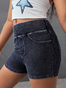 SHEIN Shorts de mezclilla elásticos y ajustados de estilo callejero y de moda Y2K, cómodos para niñas preadolescentes, para disfraces, uso diario, deportes, verano y primavera - Azul lavado oscuro - Ver 5