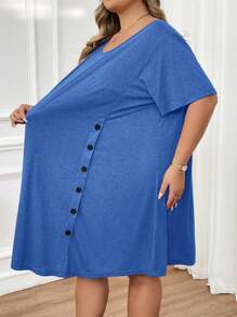 SHEIN CURVE+ Vestido con detalle de botones y dobladillo asimétrico talla grande, Atuendos de verano para mujer, Vestidos de verano para mujer, Atuendos de playa para mujer/Vestido de playa/Atuendos de vacaciones en la playa/Esenciales de playa/Graduación/Vestido de fiesta de té de verano/Campo/Atuendos de vacaciones en la playa/Atuendos de playa/Ropa de playa - Azul - Ver 3