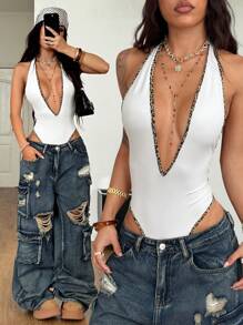 Coolane 女士夏季外出度假装街头风弹力深V领露背豹纹撞色连体衣 - 白色 - 查看 3