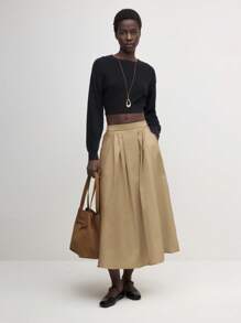 BizChic 2025 Autumn Women's Khaki Pleated Waist Slant Pocket Flared Hem Design Skirt, Elegant Business Casual Everyday Commute, Suitable For Beach Resort, Wedding Guest, Brunch, Airport, 90s Retro Style, Office Wear, Teacher Attire