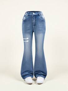 SHEIN NEW Girls Water-Washed Soft & Comfy Casual Vacation Fashion Street Pop Style Water-Washed Distressed Stretch Flare Jeans, Spring/Summer Lightweight Cool 2025 Spring/Summer New Product Suitable For Daily Outing - Light Wash - View 1