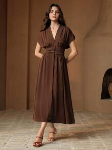 Anewsta 夏季时尚 V 领收腰修身 A 字形荷叶边中长连衣裙，适合节日