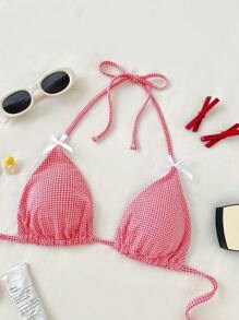 Swim Mod Cute Gingham Print Tie-Front Bikini Top For Vacation For Summer - Red and White - View 4