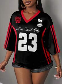 Slaydiva 23 个字母和数字图案休闲运动女式 T 恤，适合夏季 - 彩色 - 查看 3