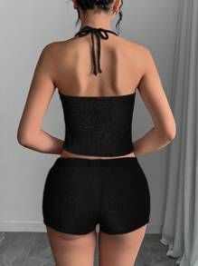 INAWLY Set de 2 piezas Top corto decorado con strass con jersey de espalda descubierta con lazo para primavera/verano - Negro - Ver 3
