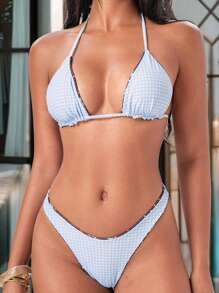 SHEIN Swim Women's Light Blue Floral,Summer,Casual,Vacation,Holiday Triangle Bikini French Ditsy Floral Plaid Print Frill Trim Bandeau 2 Pieces Swimwear - Multicolor - View 4