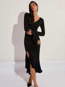 COSMINA Women Solid Color Minimalist Long Sleeve Dress, Casual Everyday Wear