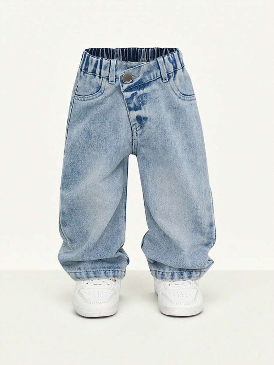 SHEIN Baby Girl Casual Loose Asymmetric Waistline Wide Leg Washed Denim Jeans, Simple Stylish Design Fit For Daily Wear - Light Wash - View 1