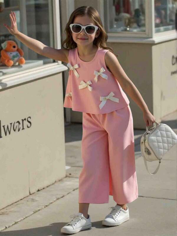 SHEIN 2pcs/Set Girls Cute 3D Bow Decor Camisole Top And Capri Pants Set, Versatile Daily Outfit, Suitable For Resort & Outgoing, Spring/Summer