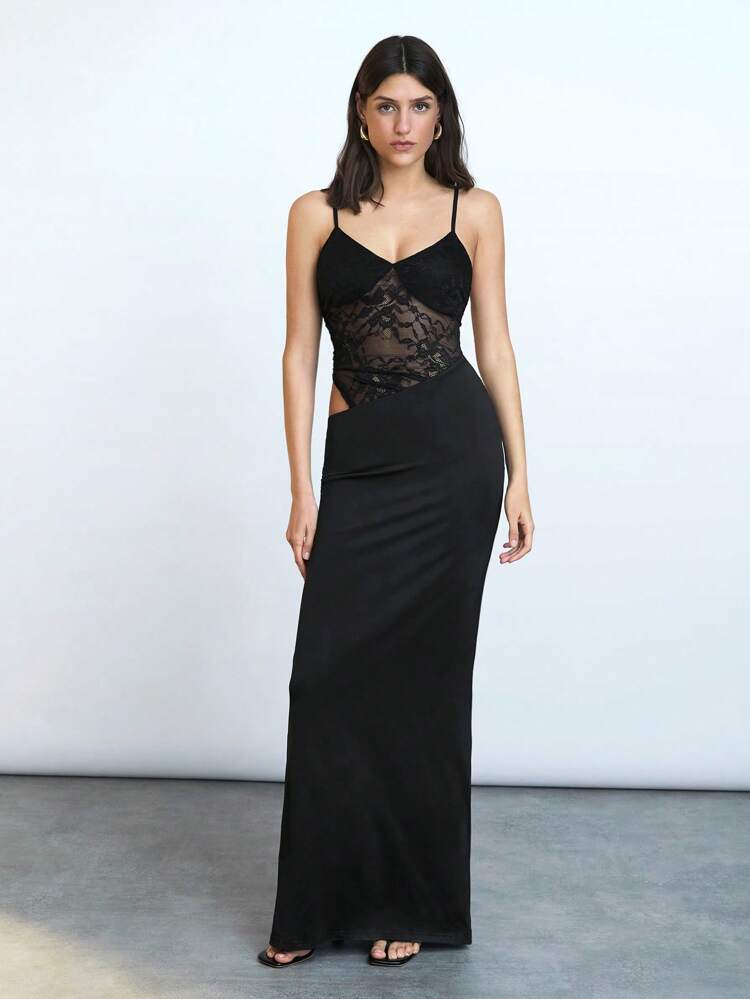 SHEIN Maija 2025 Summer New Arrival Black Sexy Lace Patchwork Asymmetrical Cut Design Elegant Romantic Casual Dress. Suitable For Daily, Beach, Casual, Work, Party, Wedding Guest, Brunch, Independence Day, Mother's Day, Music Festival, Graduation, St. John's Day