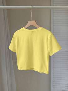 SHEIN EZwear 黄色休闲短款圆领短袖修身女式T恤，适合春秋季节 - 黃色 - 查看 2