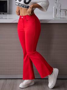 SHEIN EZwear Quần Jeans Denim Ống Loe Túi Đơn Giản Đa Năng Cho Nữ - Đỏ - Xem 5