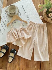 SHEIN LMoss Kids 2件套女婴针织纯色无袖上衣和宽松休闲裤套装 - 米色 - 查看 2