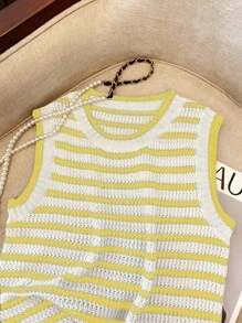 Franclia Áo len dệt kim sọc tương phản cổ điển mới, áo len chui đầu không tay thiết kế độc đáo cho nữ - Nhiều màu - Xem 4