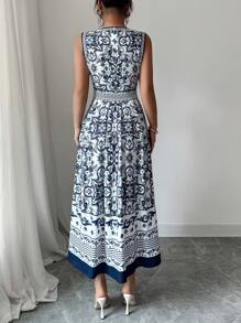 Elenzga Fashion Sleeveless Auspicious Print Dress For Women