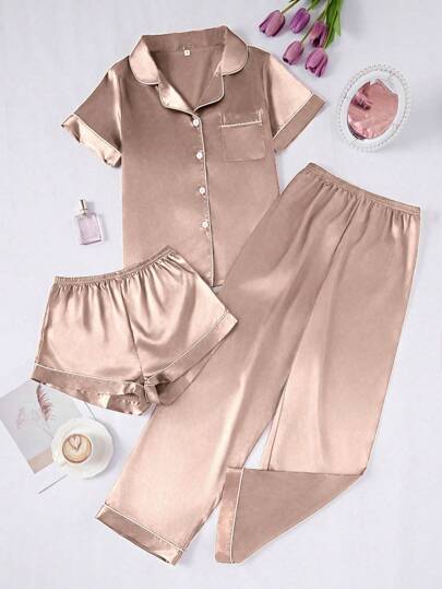 LuxeNights 3 PiecesWomen's Contrast Trim Solid Color Faux Silk Collar Pajama Set view 4