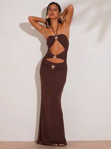 SHEIN BAE 女士纯色露背镂空休闲度假无袖连衣裙