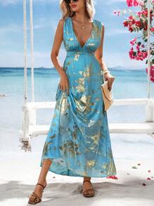 SHEIN VCAY V-Neck Dress For Women, Woven With Foil Fabric, Suitable For Vacation, Spring And Summer - Baby Blue - View 3