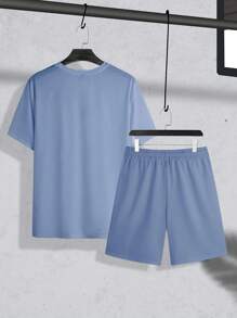 Manfinity Homme Plus Size Men's Striped Crew Neck Short Sleeve T-Shirt & Drawstring Shorts Set - Multicolor - View 3