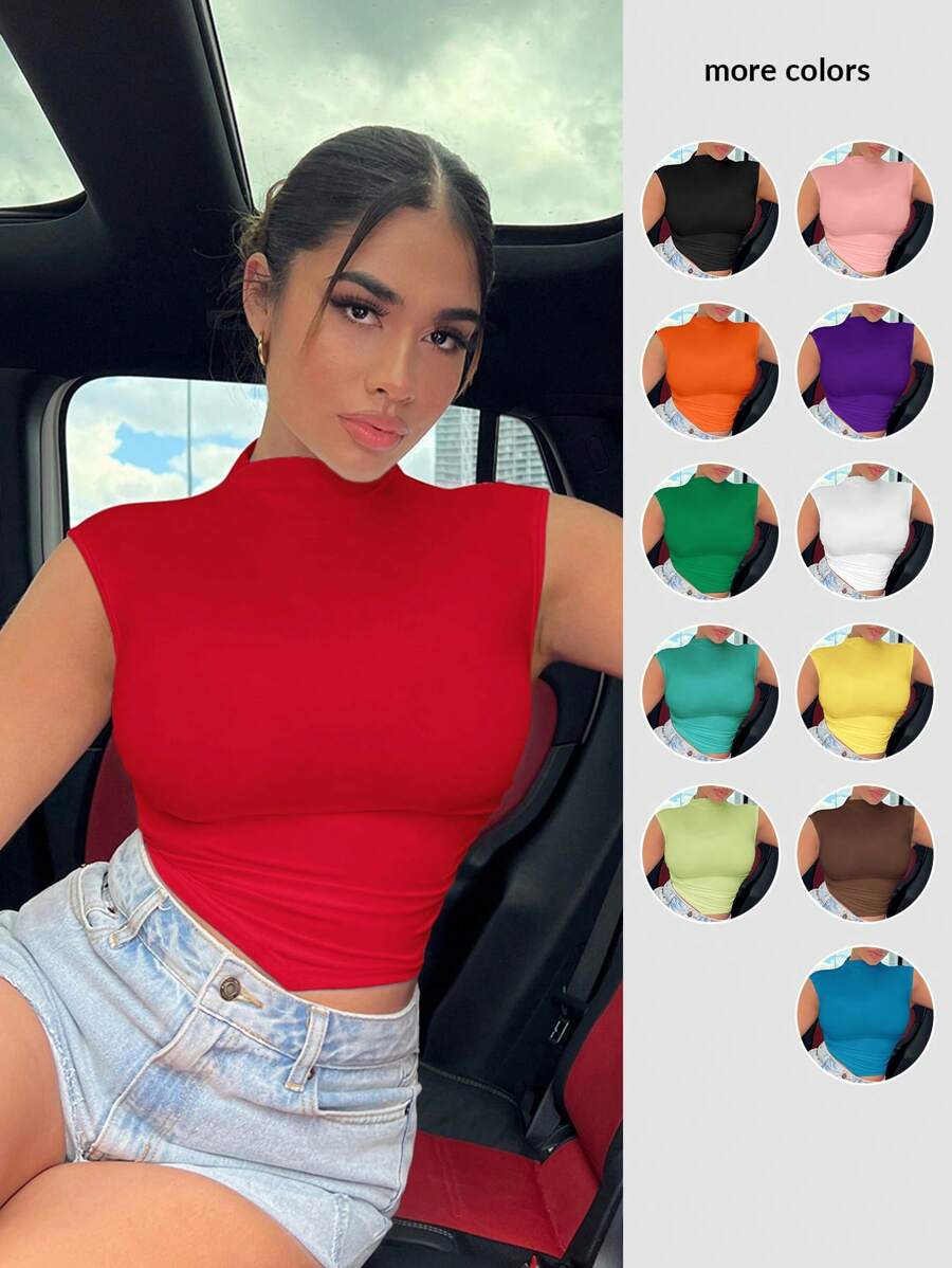 SHEIN SXY Sexy y delgada camiseta sin mangas de cuello alto en unicolor para verano - Rojo - Ver 1