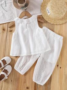 SHEIN Baby Girls Casual Korean Style Lace Collar Jacquard Weave Patterned Woven Top And Pants Set For Summer - White - View 2