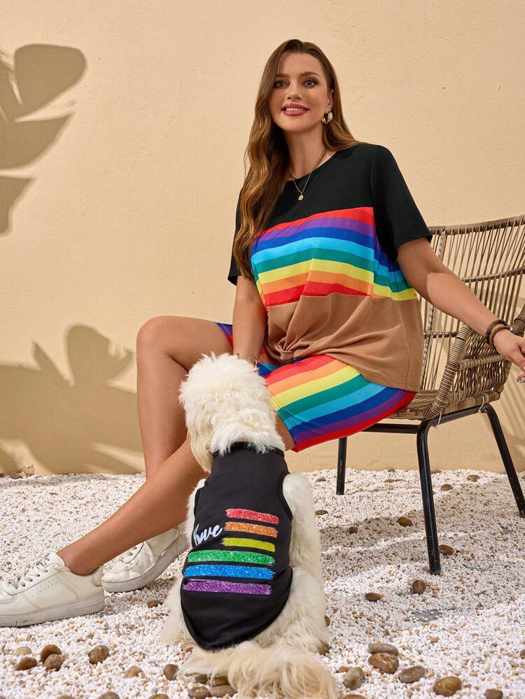 Set de 2 piezas de camiseta de manga corta y cuello redondo a rayas y pantalones cortos de verano informales talla grande