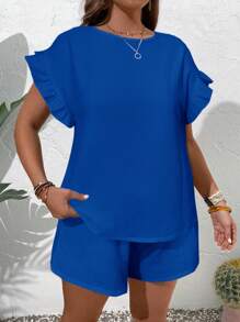 EMERY ROSE 2 piezas Conjunto de camisa de manga con volantes y pantalones cortos de talla grande de estilo casual para vacaciones, ropa de verano para mujeres, ropa de mujer de verano, camisas de mujer de verano, ropa de mujer de talla grande, ropa casual de negocios, conjunto de 2 piezas de verano - azul real - Ver 5