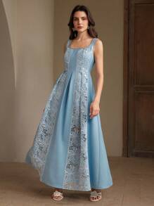 Anewsta Elegant Summer Vacation Patchwork Backless Dress For Women, Suitable For Festival, Holiday, Wedding Guest - Blue - View 5