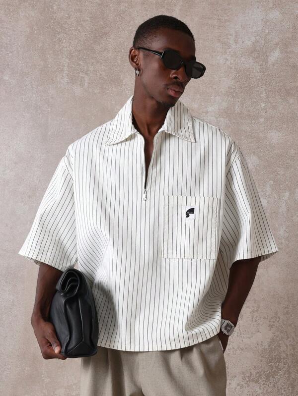 SUMWON Chemise en jean à manches longues style streetwear décontracté d'été, coupe décontractée, avec fermeture éclair demi-zip et rayures classiques. Style de vêtement de travail japonais de créateur