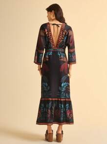 CAJUNI Casual Tropical Colorful Floral Retro Print Deep V-Neck Backless Maxi Dress For Women - Multicolor - View 2